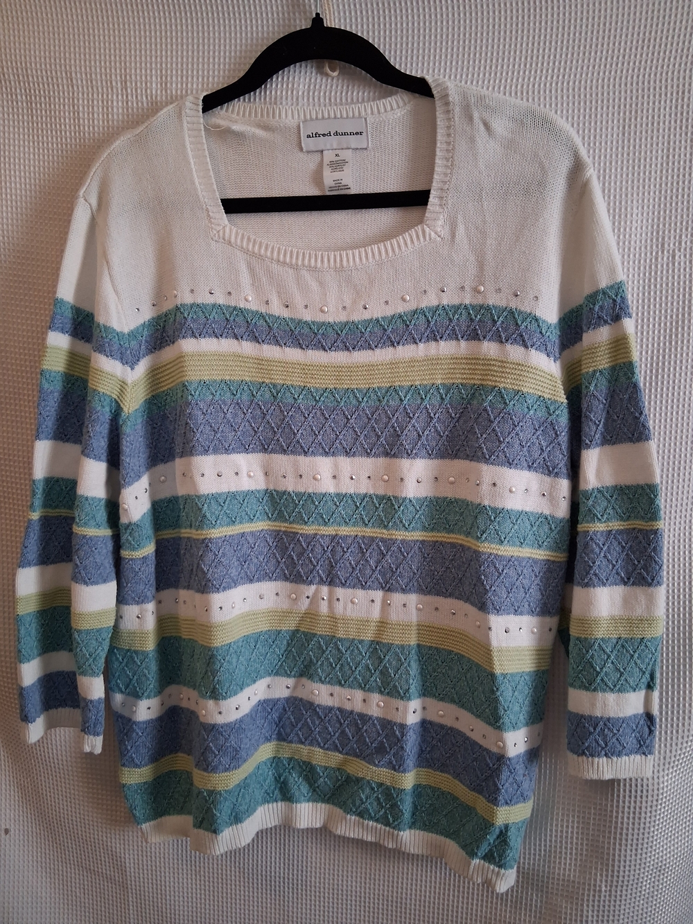 alfred dunner Women's Striped Knit Sweater in White, Blue & Green